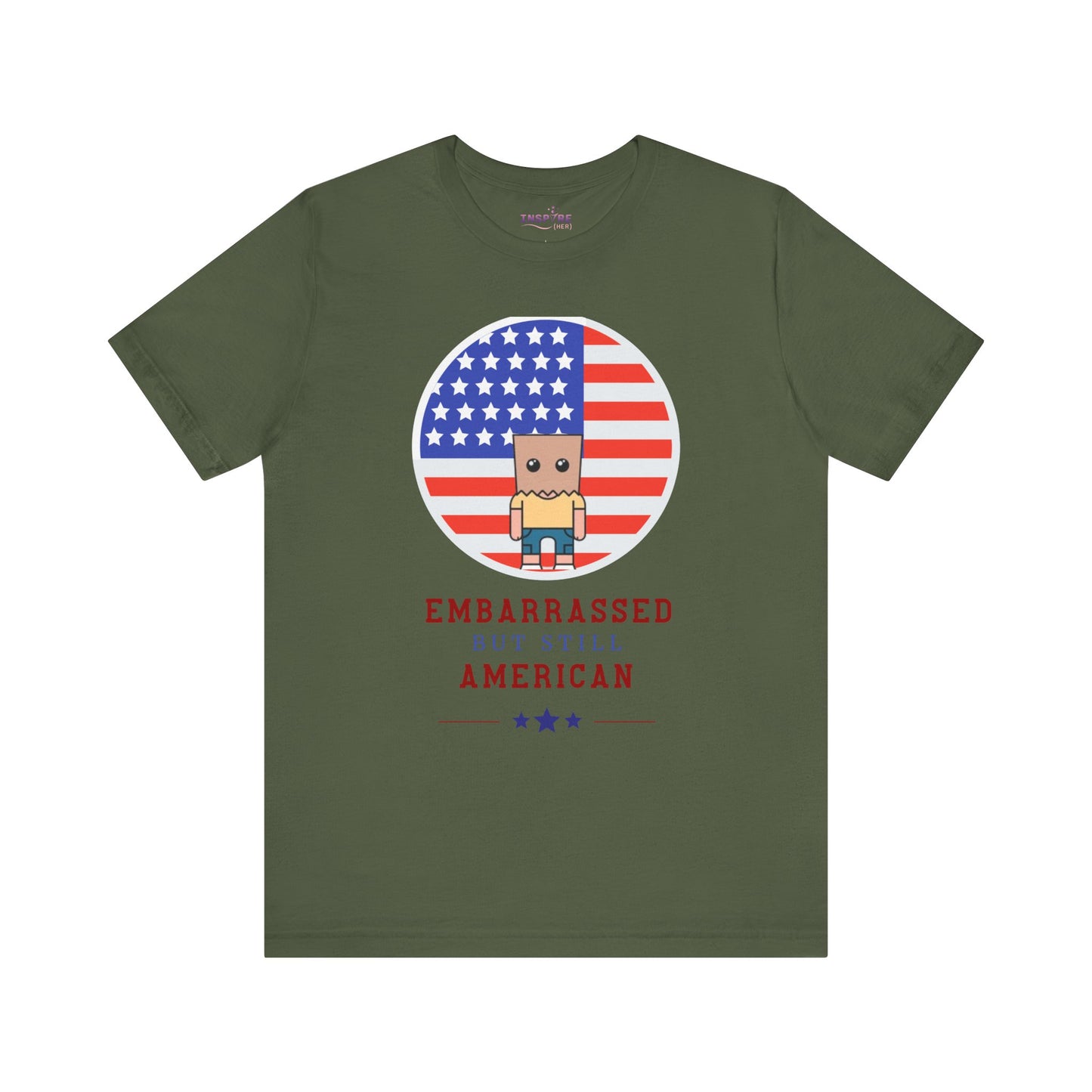 Embarrassed But Still American T-Shirt πΊπΈ Funny USA Graphic Tee β Super Soft Bella+Canvas 3001 Shirt