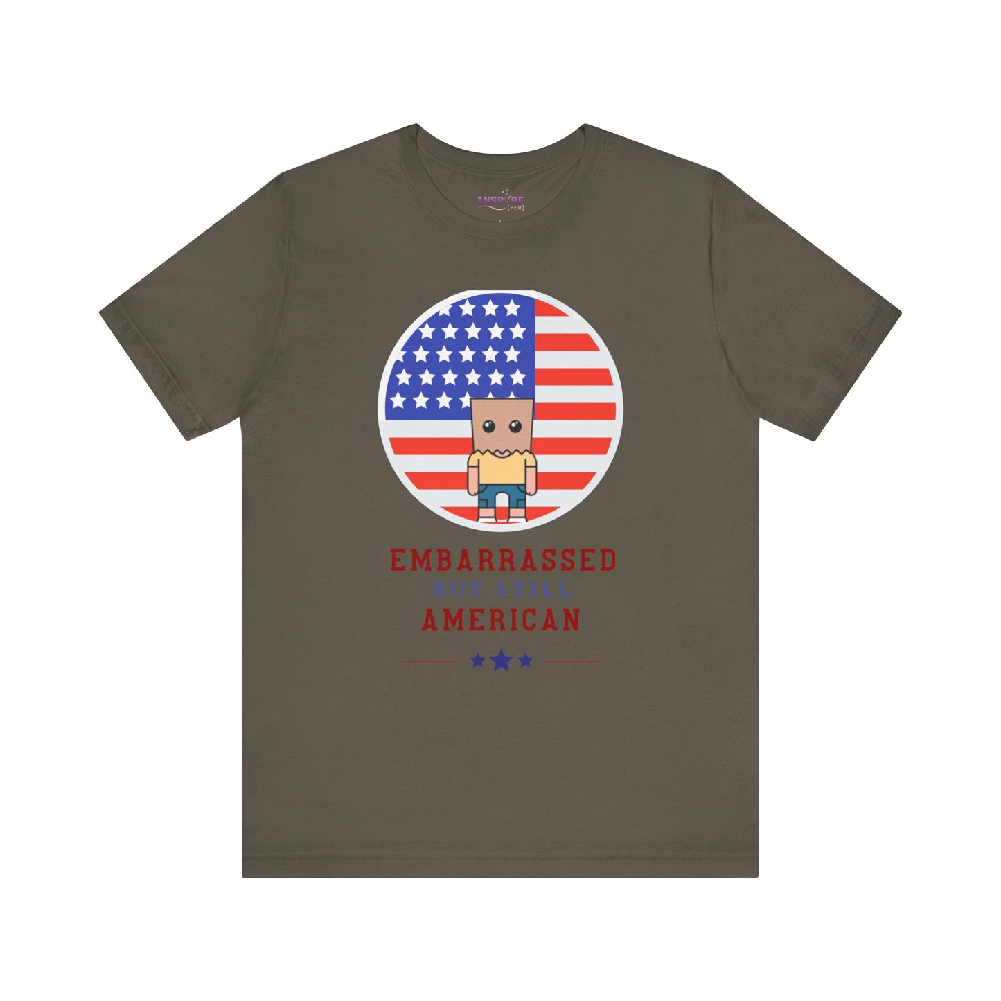 Embarrassed But Still American T-Shirt πΊπΈ Funny USA Graphic Tee β Super Soft Bella+Canvas 3001 Shirt